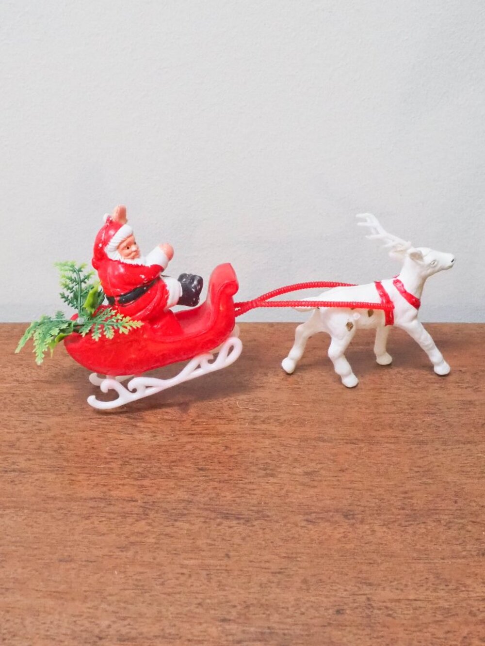 Vtg Plastic Santa Claus on Sleigh with Reindeer - 7.75 Inches - Xmas Blow Mold